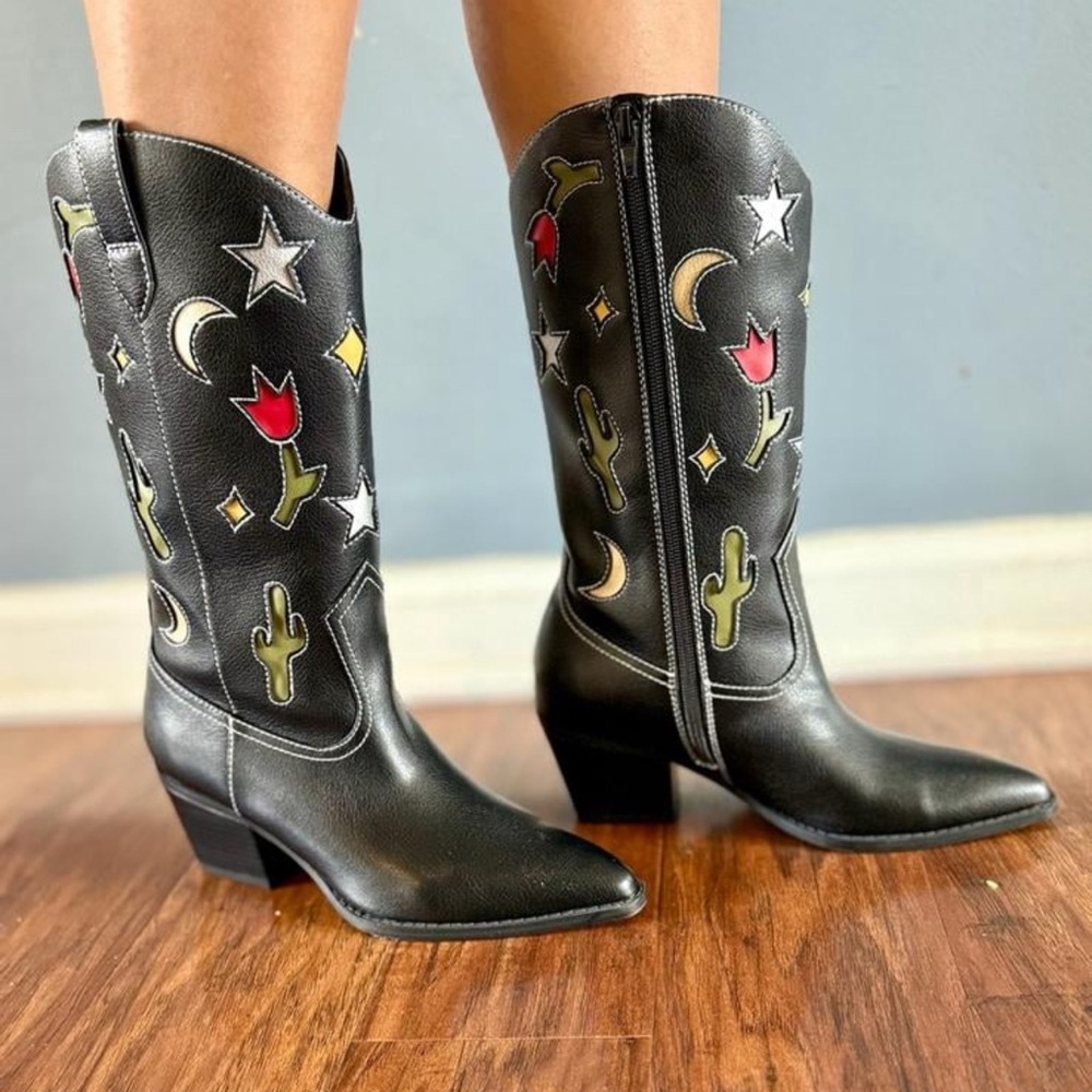No Boundaries Black Cowgirl Western Boots Novelty Cactus Moon Star Women’s 9 New